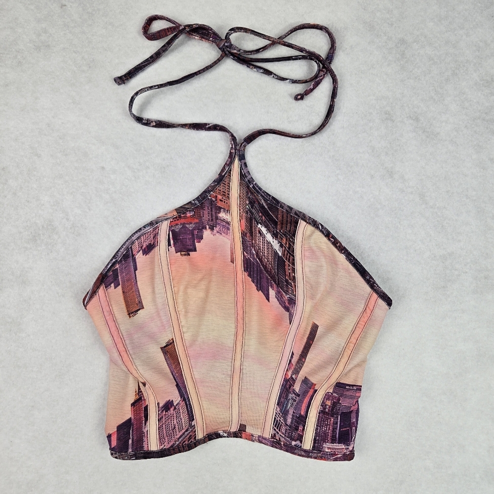 Urban Outfitters Halter Crop Top in Cityscape Print
